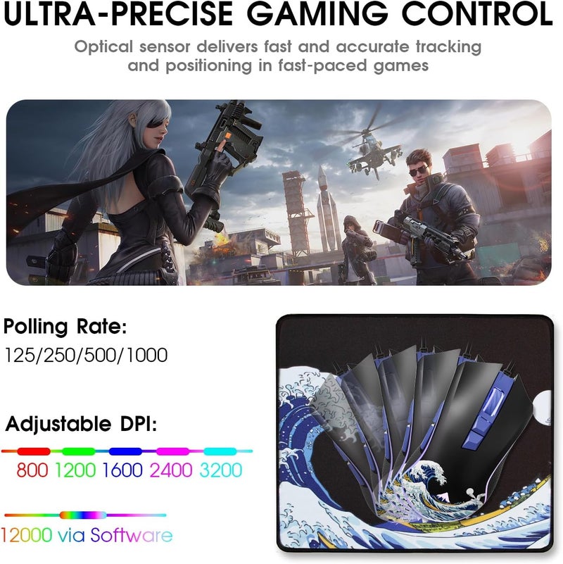 HITIME XVX Wired Gaming Mouse, 12000 DPI RGB Mouse with 12 Backlit Modes & 7 Macro Buttons, PC Gaming Mice Support DIY Keybinding, Gamer Computer Mice for Laptop PC Mac Windows, Kanagawa - Image 2